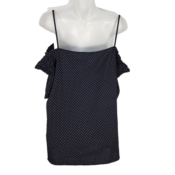 Jella C Womens Top Size XL Blue Tan Polka Dots Off the Shoulder Spaghetti Straps - Picture 2 of 8